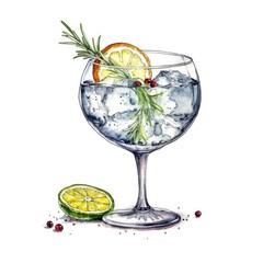Gin and tonic Cocktail isolated on white drawn with watercolor (generative AI) - obrazy, fototapety, plakaty