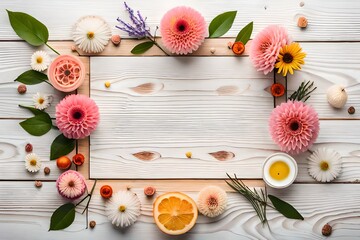 Fototapeta na wymiar top view of flowers on wooden background with copy space. Abstract natural floral frame layout with text space. Romantic feminine composition. Wedding invitation. International Women day, Mother Day 