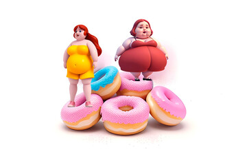 Fototapeta premium Overweight and sweets.Two plump women on a mountain of donuts. Harm of sweets and pastries.Emotional overweight womans and appetizing donuts set.ai generated Generative AI