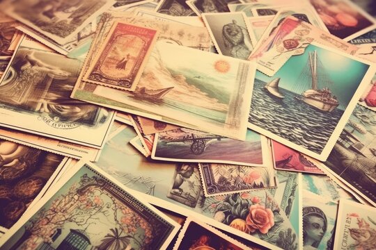 Vintage postcards and stamps collected. (Generative AI)