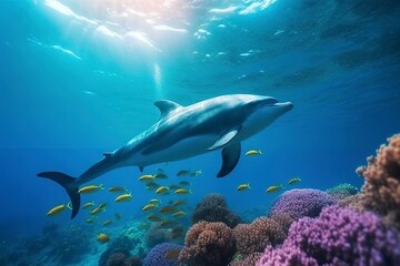 Obraz na płótnie Canvas Dolphins swimming in the undersea, Beautiful Underwater and colorful coral in the wild nature of the Pacific Ocean, Generate Ai