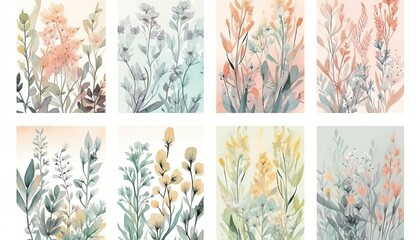 Abstract floral cover background vector. Set of spring plant hand drawn template with flowers, leaves, and wildflowers. Colorful watercolor texture design for wallpaper, banners, prints, generate ai