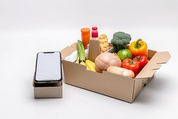 smartphone with food delivery application over table with fresh groceries isolated on white background, generate ai