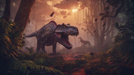 Majestic dinosaur in a fantasy landscape, Generative AI