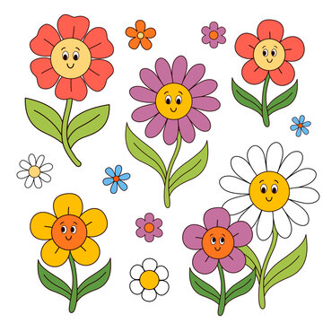 set of isolated funny flowers