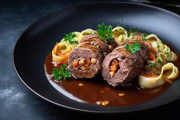 Traditional slow cooked German Wagyu beef roulades with gnocchetti sardi noodles in a spicy gravy as a top view on a Nordic design plate with copy space on the right, generate ai