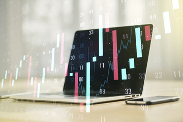 Multi exposure of abstract financial diagram on computer background, banking and accounting concept