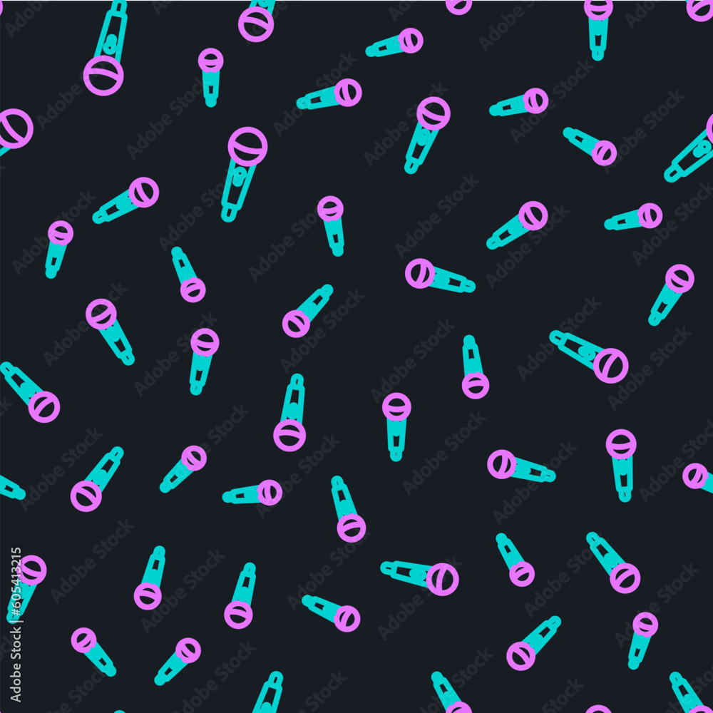 Poster line microphone icon isolated seamless pattern on black background. on air radio mic microphone. spe