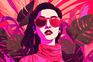 Fashion retro girl in the style with sunglasses and exotic leaves. Generative AI