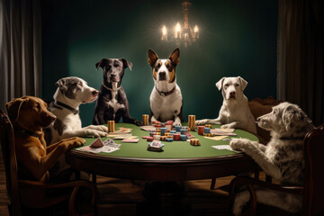 Different kinds of dogs playing poker at a round table. Generative AI - obrazy, fototapety, plakaty