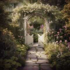 Fototapeta premium Enchanting Blossom Arch - Stone Pathway Landscape created with Generative AI technology