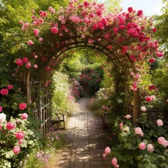 Fototapeta na wymiar Enchanting Floral Archway - Cobblestone Path Landscape Backdrop created with Generative AI technology