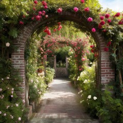 Fototapeta na wymiar Romantic Rose Archway - Sunlit Garden Backdrop created with Generative AI technology