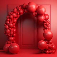 Simple Red Balloon Arch Backdrop against Red Wall created with Generative AI technology