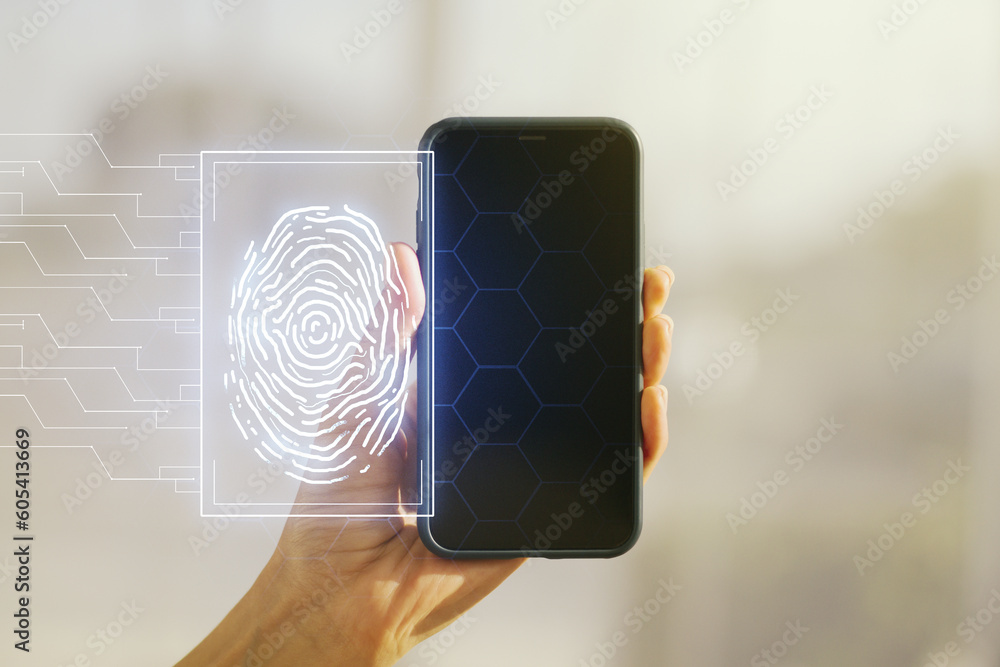 Poster multi exposure of abstract graphic fingerprint sketch and hand with mobile phone on background, fing