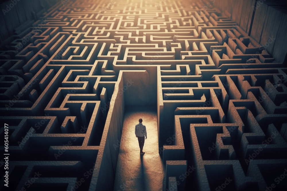 Wall mural man silhouette in maze or labyrinth. finding solution and self concept. generative ai