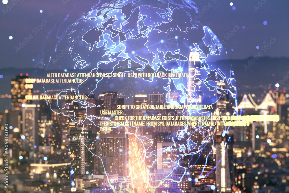 Poster double exposure of abstract programming language hologram and world map on san francisco city skyscr