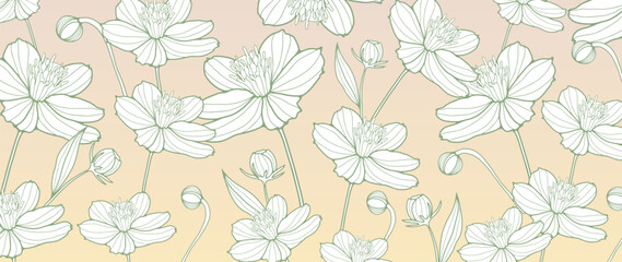Beige gradient background with green flowers. Floral background for decor, wallpapers, covers, postcards