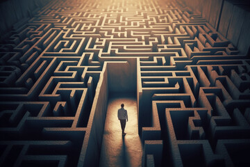 Man silhouette in maze or labyrinth. Finding solution and self concept. Generative AI
