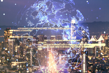Double exposure of abstract programming language hologram and world map on San Francisco city skyscrapers background, research and development concept