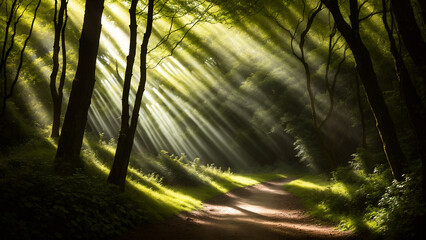 Rayon de soleil dans la brume d'une forêt 
