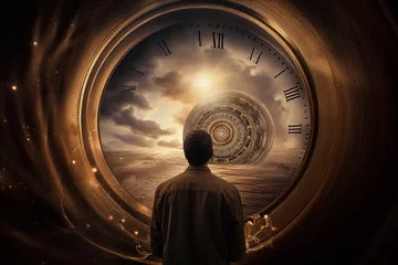 Foto op Canvas Abstract concept of time passing by. Human silhouette and old clock representing past time. Turn back time concept. Melancholic mood. Generative AI © Rytis