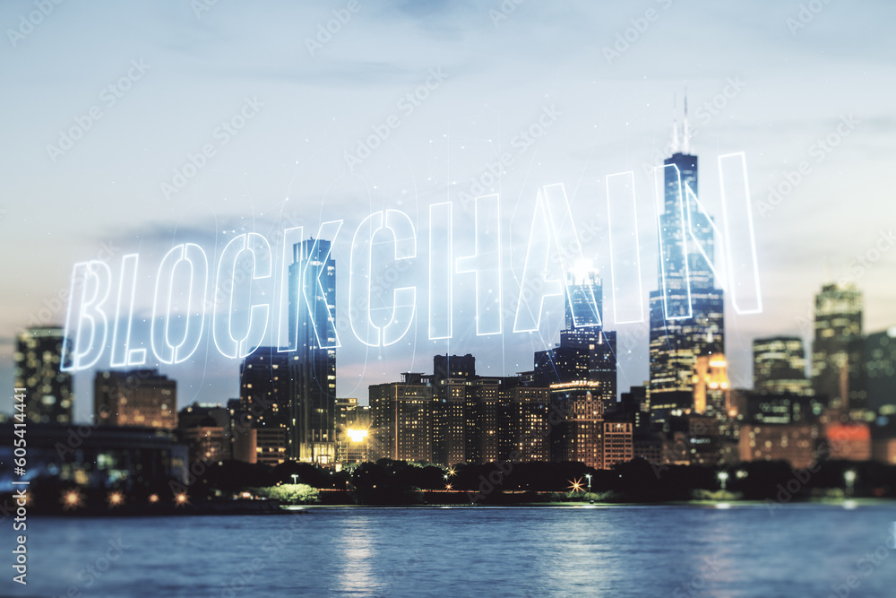 Poster abstract virtual blockchain technology hologram on chicago skyline background. digital money transfe