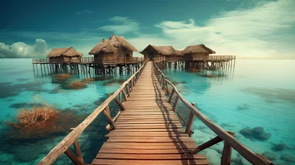 Fotobehang Water Villas (Bungalows) and wooden bridge at Tropical beach in the Maldives at summer day Generative AI © PaulShlykov