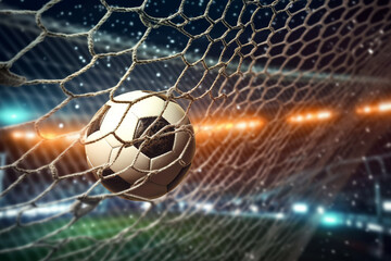 Football in the goal net with the background of the stands and stadium floodlights. Concept of sports competitions, creative ai