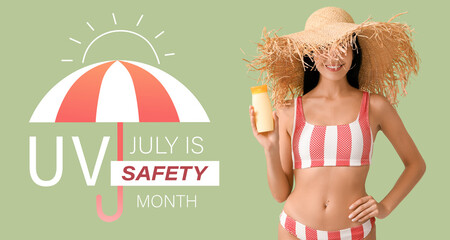 Young woman with sunscreen cream on green background. Banner for Ultraviolet Safety Month