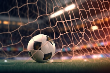 Football in the goal net with the background of the stands and stadium floodlights. Concept of sports competitions, creative ai