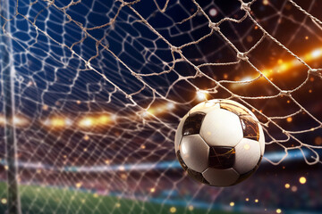 Football in the goal net with the background of the stands and stadium floodlights. Concept of sports competitions, creative ai