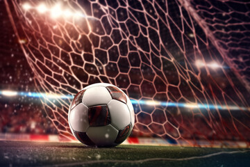 Fototapeta premium Football in the goal net with the background of the stands and stadium floodlights. Concept of sports competitions, creative ai