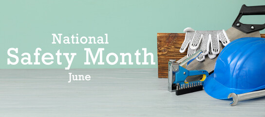 Banner for National Safety Month with construction tools - obrazy, fototapety, plakaty