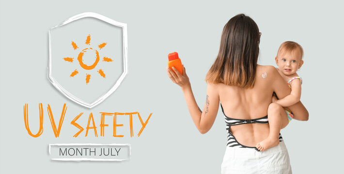 Mother and her baby with sunscreen cream on light background. Banner for Ultraviolet Safety Month