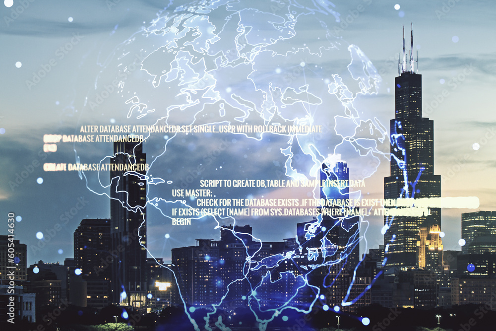 Aufkleber abstract virtual coding concept and world map hologram on chicago skyline background. multiexposure