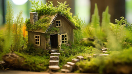 Fototapeta na wymiar Mini Cottage Embraced by Moss and Ferns