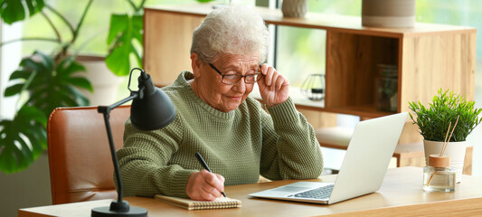 Senior woman working with laptop and notebook in office - obrazy, fototapety, plakaty