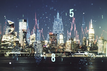 Fototapeta na wymiar Multi exposure of virtual abstract financial graph interface on Manhattan cityscape background, financial and trading concept