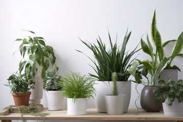 Green houseplants in pots and watering can on wooden table near white wall , generate ai