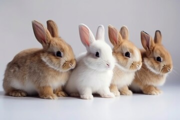 Front view of cute baby rabbits on white background, Little cute rabbits sitting with Lovely action on white, Generative Ai