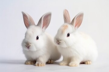 Fototapeta premium Front view of cute baby rabbits on white background, Little cute rabbits sitting with Lovely action on white, Generative Ai