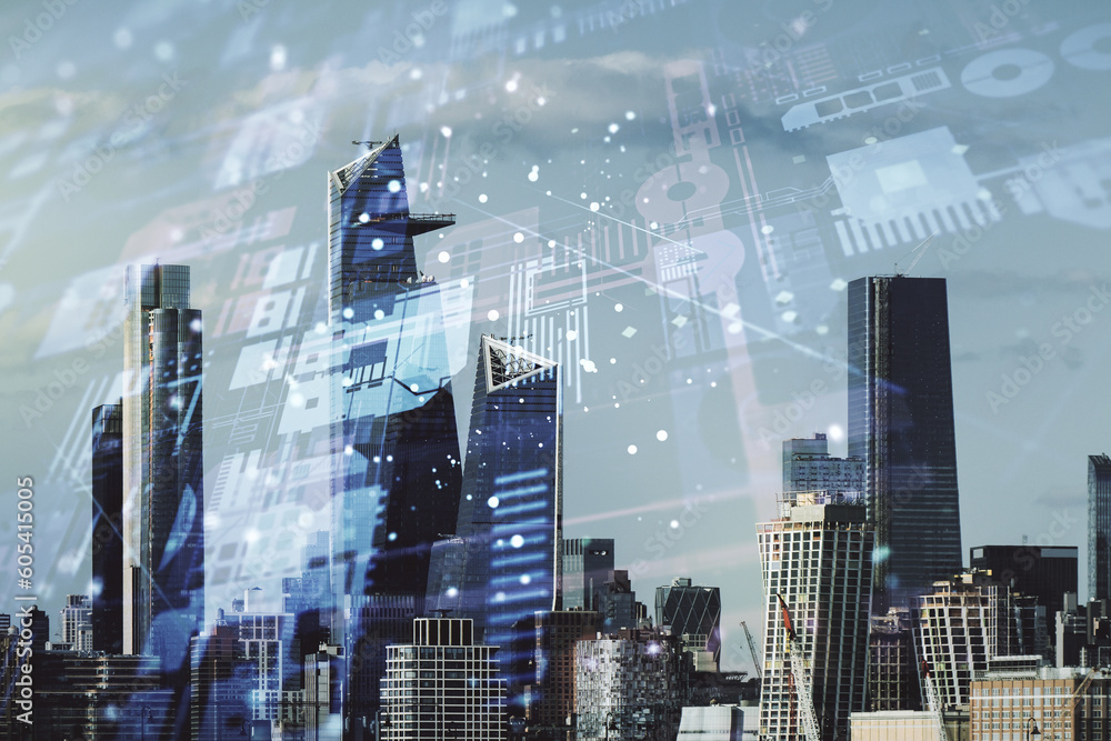 Aufkleber abstract virtual coding illustration on new york cityscape background, software development concept.