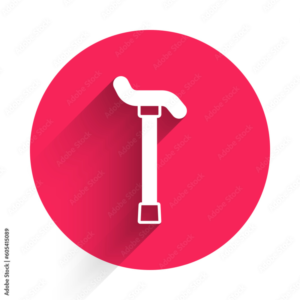 Poster white walking stick cane icon isolated with long shadow. red circle button. vector
