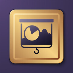 Fototapeta premium Purple Presentation board with graph, schedule, chart, diagram, infographic, pie graph icon isolated on purple background. Gold square button. Vector