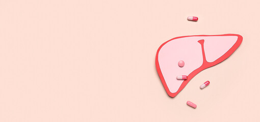 Paper liver and pills on beige background with space for text