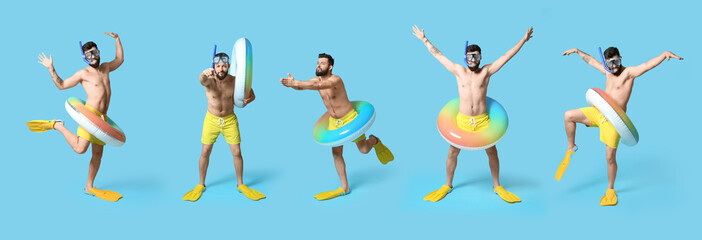 Collage of happy man in swimming trunks, with inflatable ring, paddles and snorkeling mask on blue background