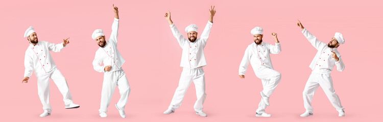Collage of happy dancing male chef on pink background