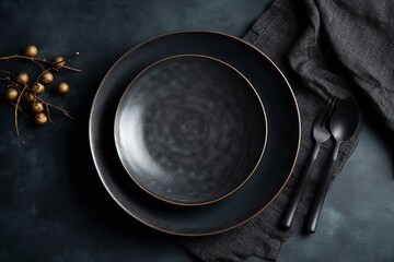 Black craft plate on dark stone table. Top view, copy space, Table setting. background for menu, layout, place for text , recipe background, food flat lay background, generate ai