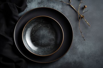 Black craft plate on dark stone table. Top view, copy space, Table setting. background for menu, layout, place for text , recipe background, food flat lay background, generate ai - obrazy, fototapety, plakaty
